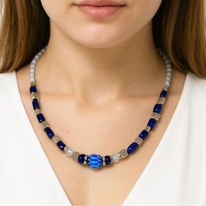 Handcrafted Blue Bead Choker Necklace African Trade Bead Silvertone Accent Beads